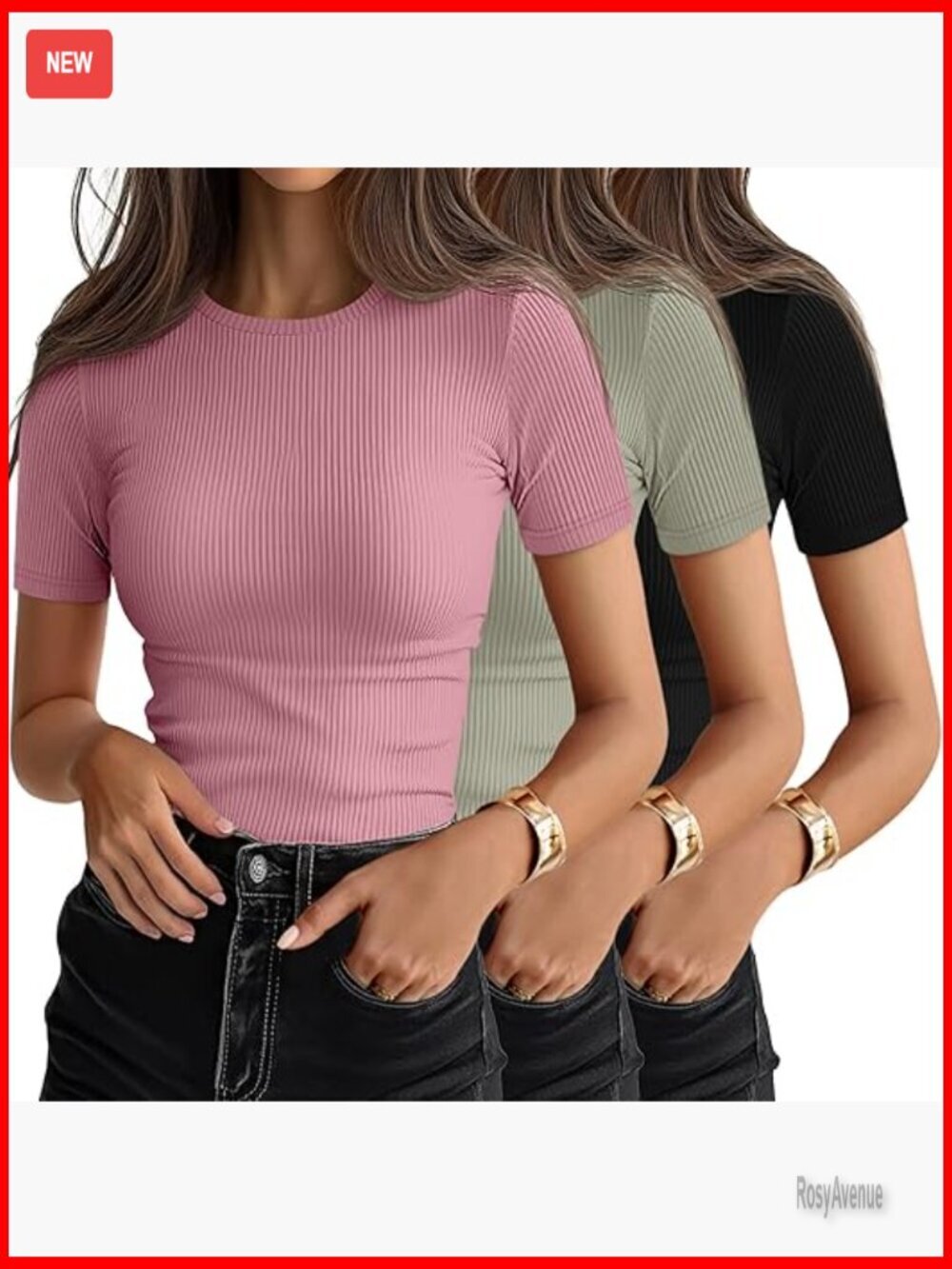 3 Pack Women's Ribbed T-Shirts Cotton Short Sleeve Basic Tees Crewneck Fitted